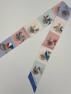 Hermes Les Voitures Exquises Twilly Blue Pink Carriage Silk Scarf Ribbon